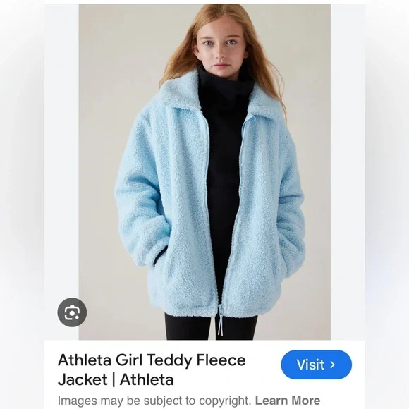 NWT Athleta girl teddy fleece zip up jacket in light blue color size 12 - Picture 1 of 12